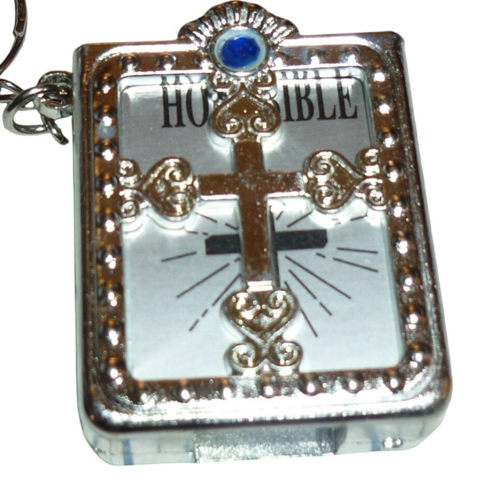 Miniature Holy Bible Keychain Silver Tone Cross Case Tiny Readable Book Genesis